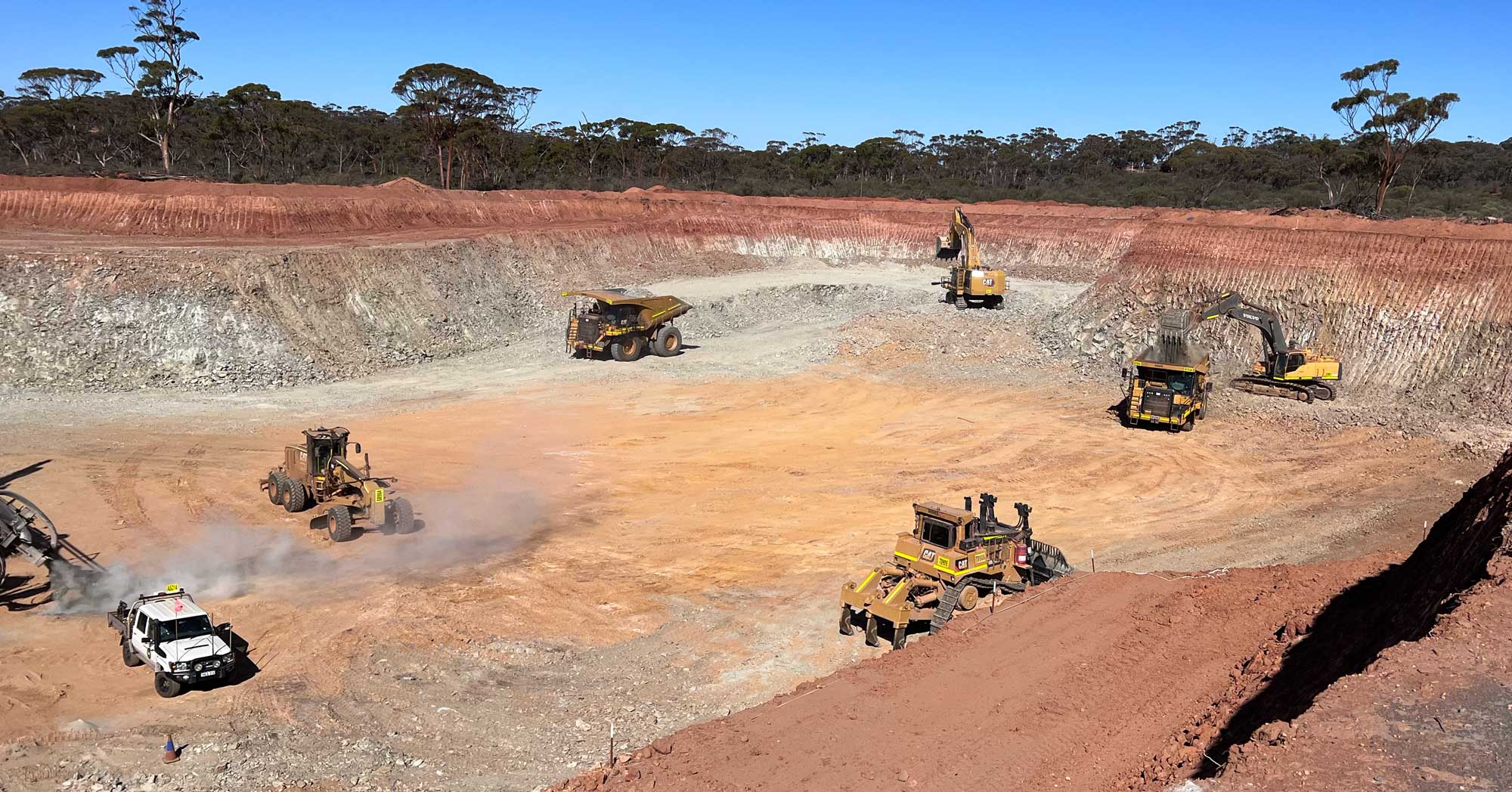 Mining contractors operating at a mine site. There are excavators, grader, haul trucks and more in operation at the site.